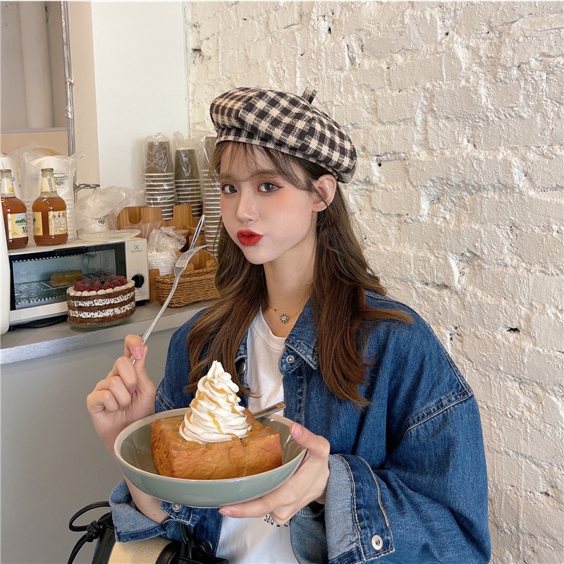 Korean style plaid pattern beret for women