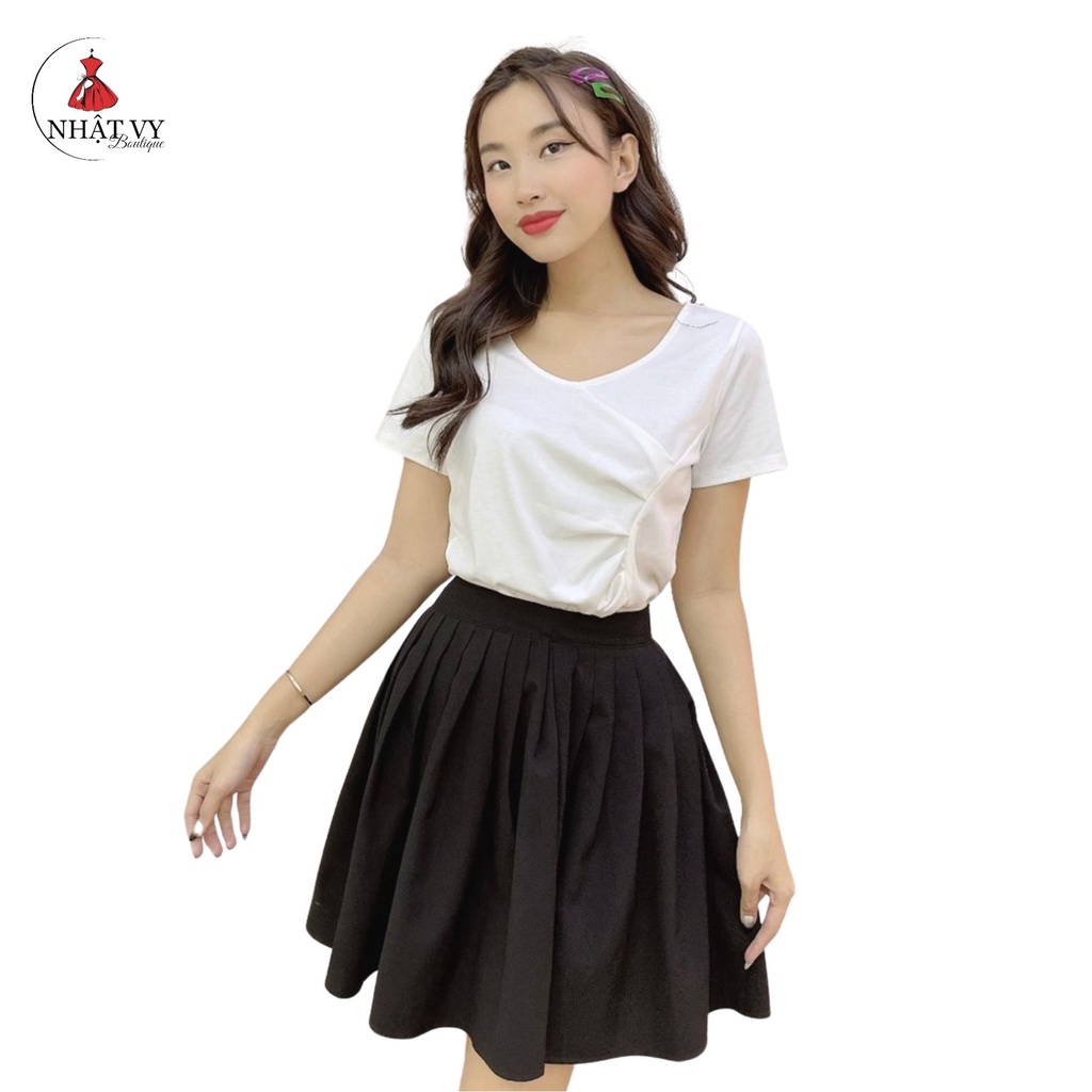 Áo Nữ NHẬT VY Cổ Tim Phối Nhún Kiểu Bên Eo Chất Thun Mềm Mịn Đi Chơi Màu Đen, Trắng, Hồng - D2110