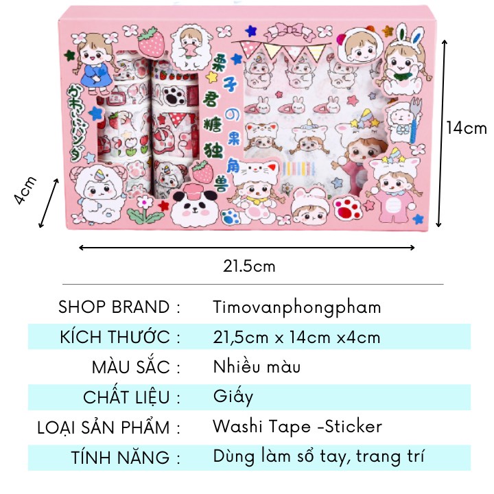 Hộp sticker cute washi tape dán sổ tay decor set 10 cuộn băng dính 10 hình dán sicker Timo WS1