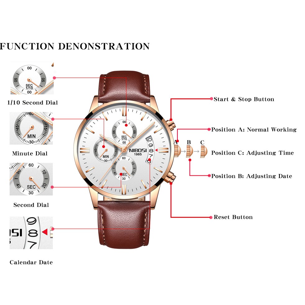 Đồng hồ nam NIBOSI 1985M dây thép lưới cao cấp size 43mm chạy 6 kim | BigBuy360 - bigbuy360.vn