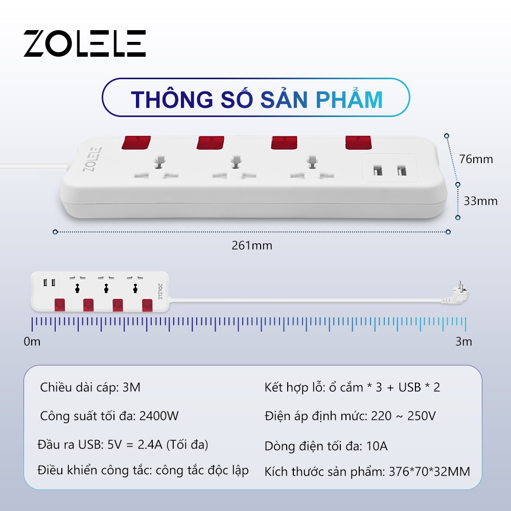 Ổ Cắm Điện Đa Năng zolele zk100 Dây nối dài 3M-3 lỗ 2USB-Chống sét-Bảo vệ quá tải-Công tắc độc lập 2400W - Chính hãng