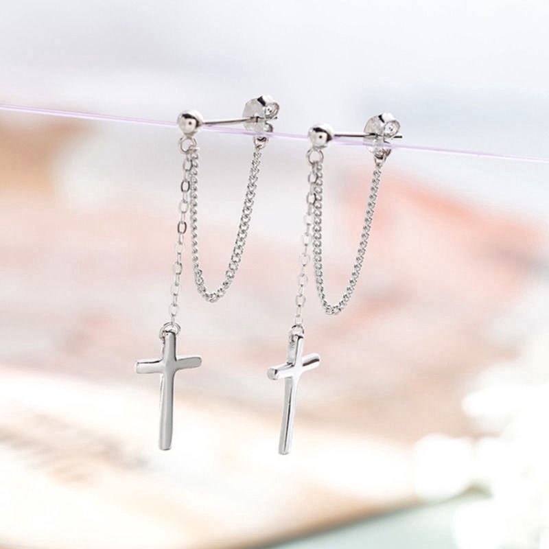 Bông tai hình chữ thập phối chuỗi dây mắt xích thời trang phong cách hiphop