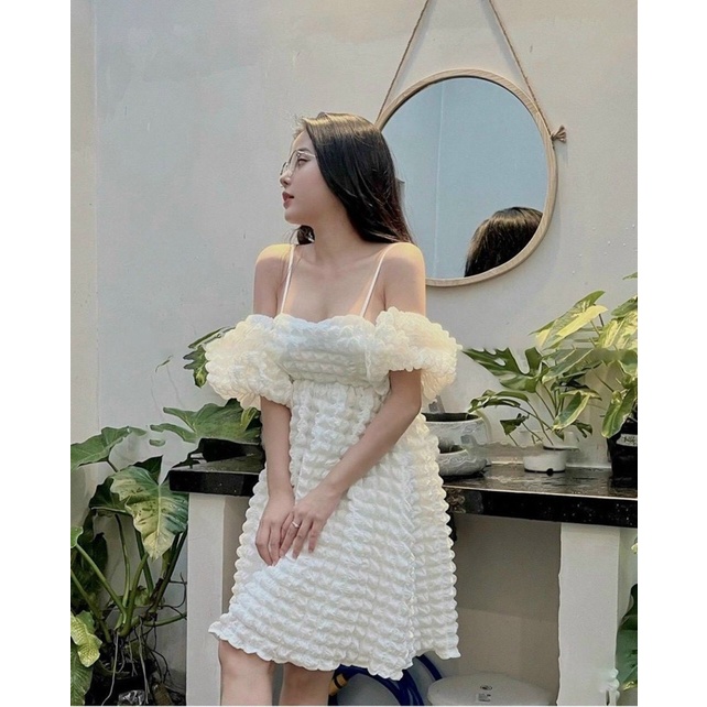 Váy xốp tay bồng trễ vai xinh xắn ( ảnh thật)
