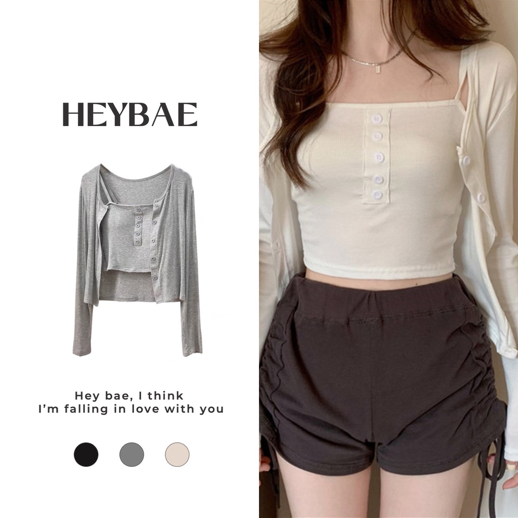 Set cardigan dài tay kèm áo 2 dây nữ tính Autumn HEYBAE mỏng nhẹ sexy cho nữ