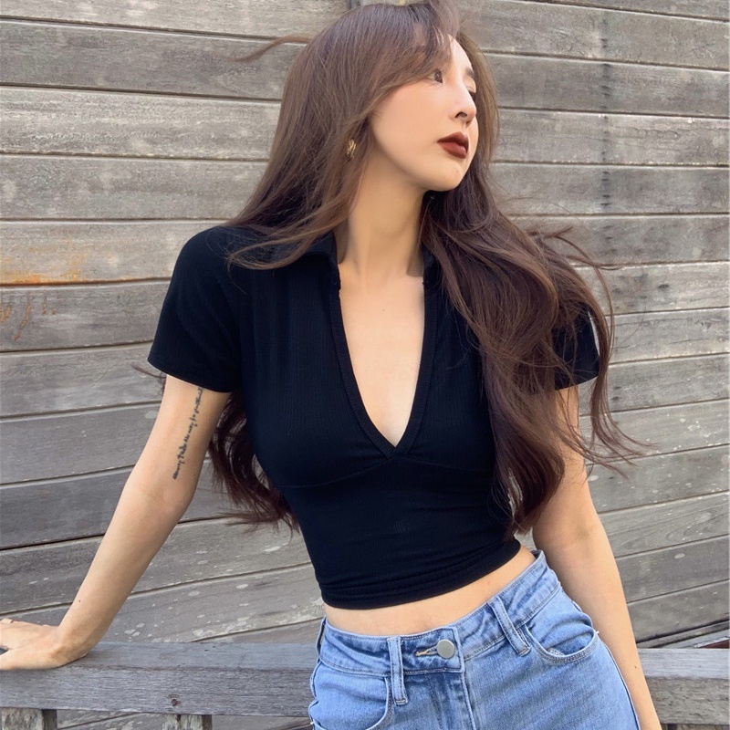 Áo thun ZHELIHANGFEI ngắn tay cổ chữ V cắt sâu lưng cao thời trang mùa hè 2022 cho nữ