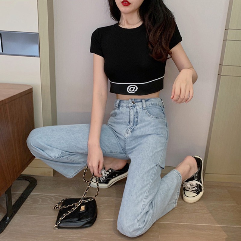 Áo thun crop top cổ tròn tay ngắn in họa tiết chữ dành cho nữ