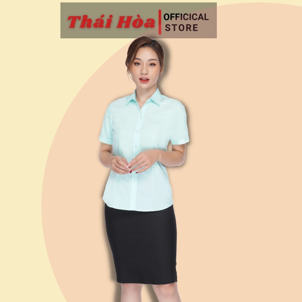 Áo sơ mi nữ công sở ngắn tay chất vải cotton - Sơ mi nữ Thái Hòa N047 màu đen, màu xanh