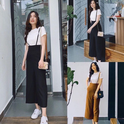 Combo gồm Áo thun tay ngắn và Quần Yếm 2 dây form rộng Culottes, set yếm ống rộng