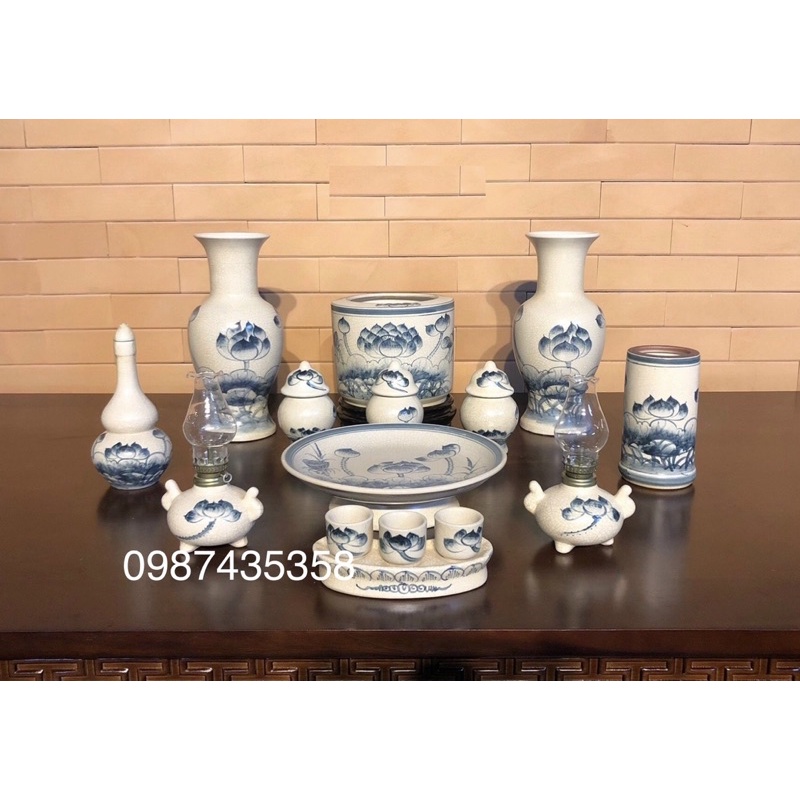 Combo đồ thờ sen men rạn gốm Bát Tràng