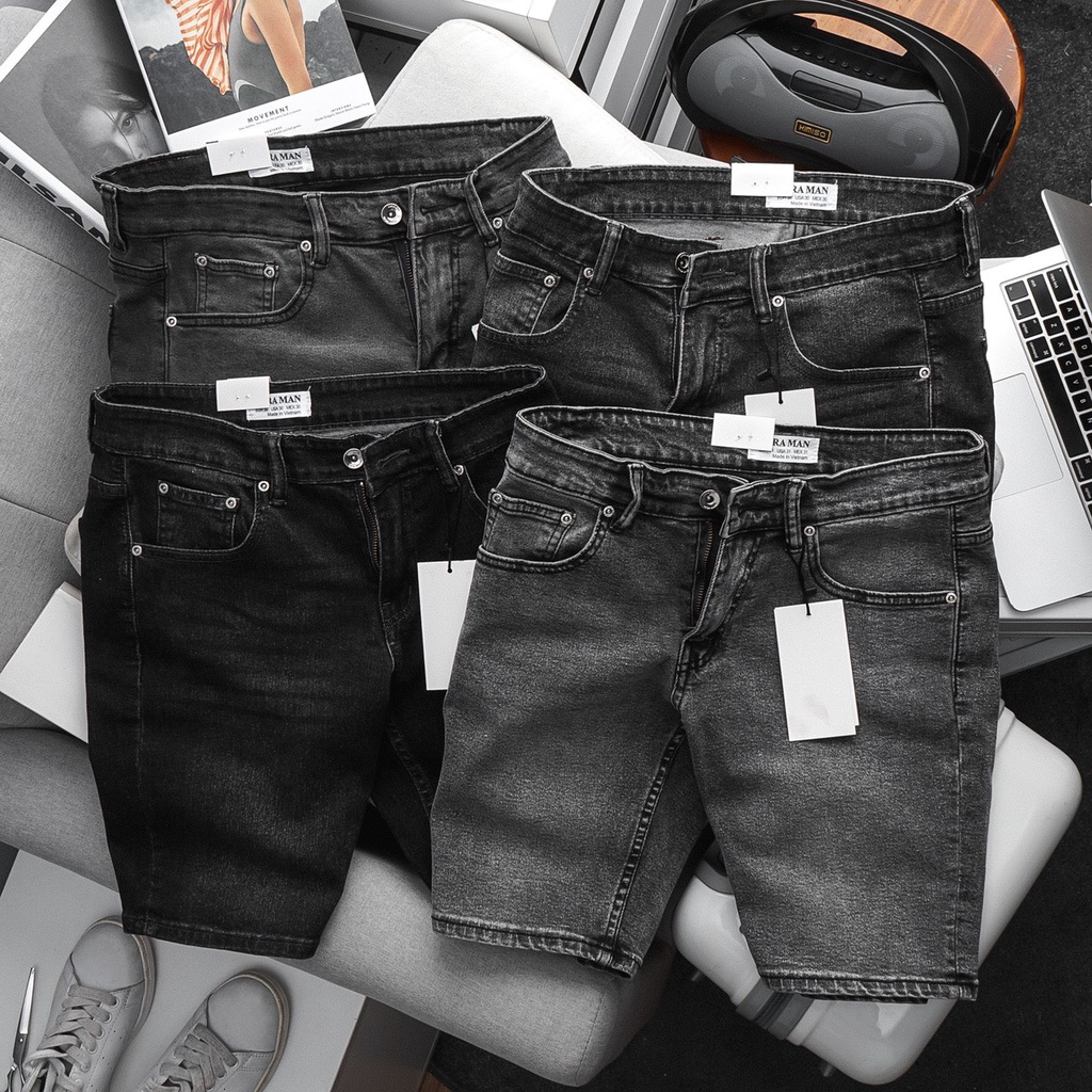 Quần short jean nam ống suông VNXK màu đen xám cotton