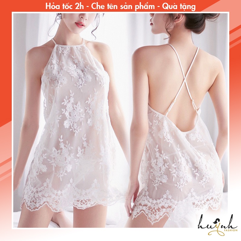 Váy Ngủ Xuyên Thấu Thêu Hoa Nổi Hai Lớp Hở Lưng Gợi Cảm - N86