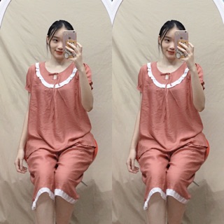 Bộ bầu thời trang ngố mặc nhà chất đũi mát mùa hè cộc tay