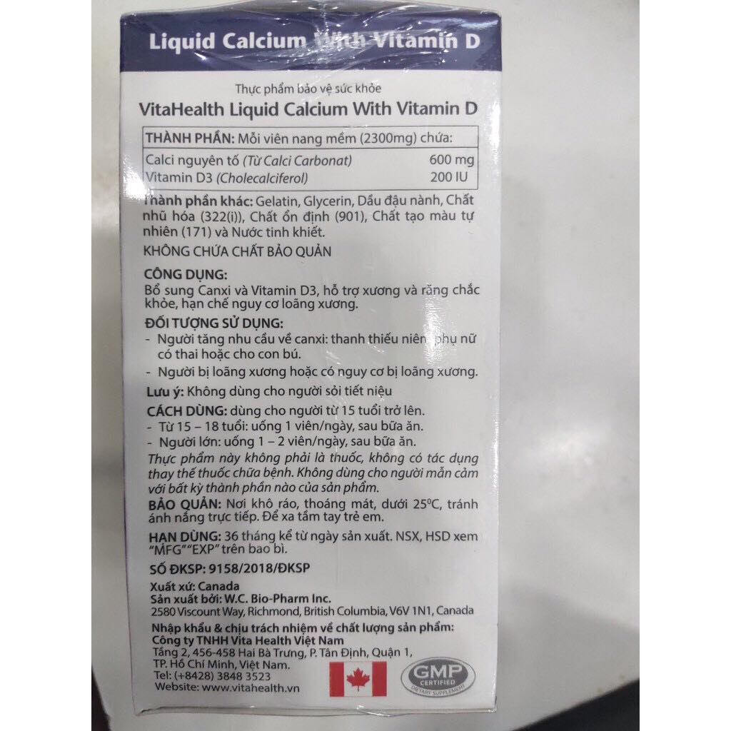 (Cam Kết Chính Hãng)Viên Uống Bổ Sung Lượng Canxi-D3 Thiết Yếu Cho Xương Chắc Khỏe Vitahealth Liquid Calcium 1200Mg