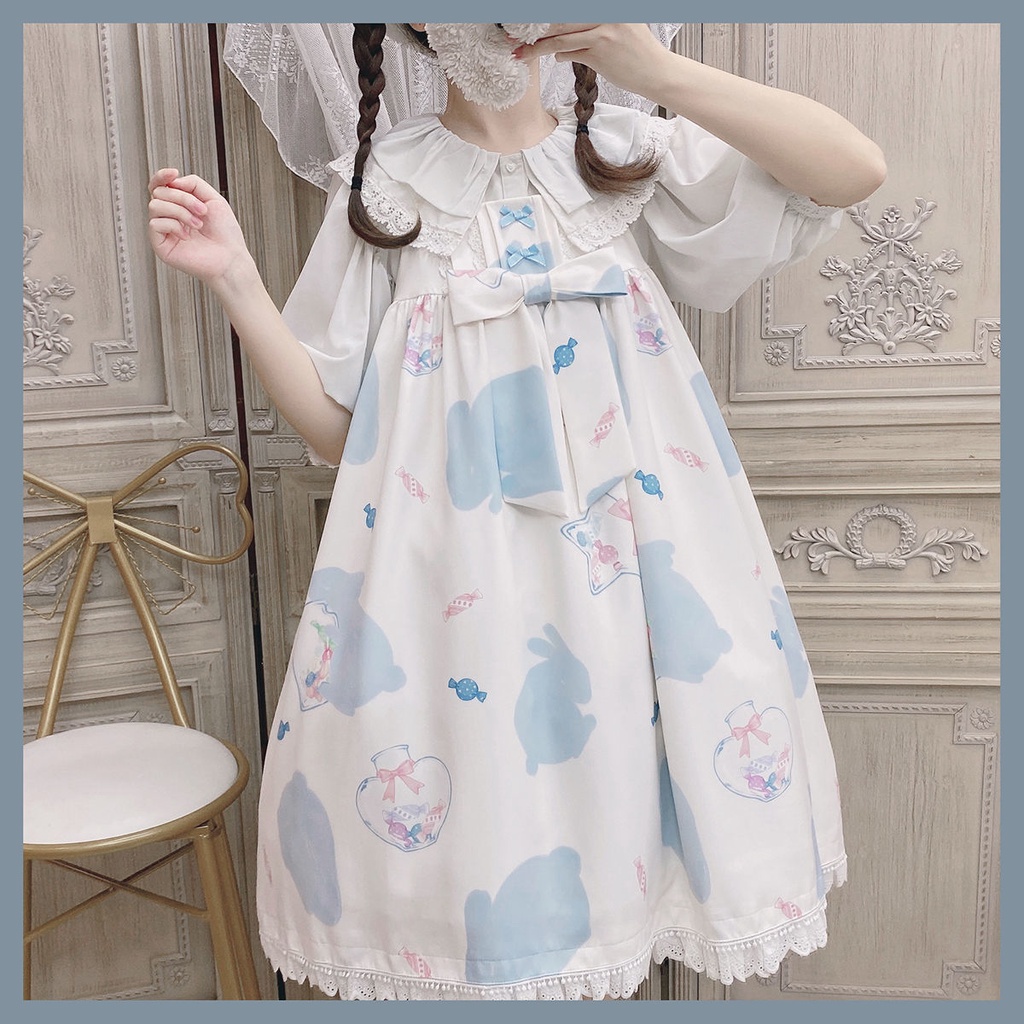 Đầm in hình thỏ màu kẹo phong cách lolita đáng yêu