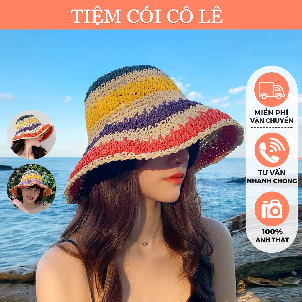 Nón cói cầu vồng, mũ tai bèo gấp gọn xinh xắn, phụ kiện đi biển, chụp ảnh - Tiệm Cói Cô Lê