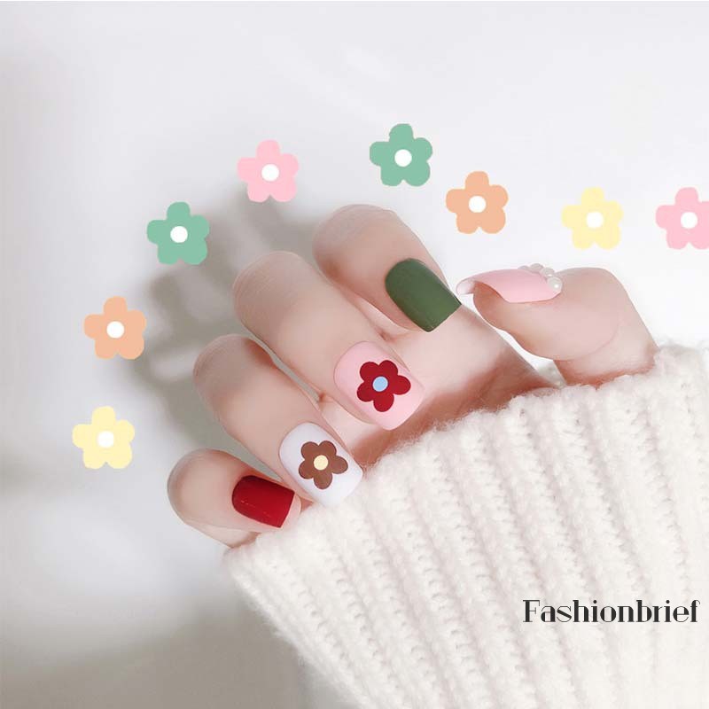 [Hàng mới về] Set 24 móng tay giả họa tiết hoa phong cách Hàn Quốc xinh xắn