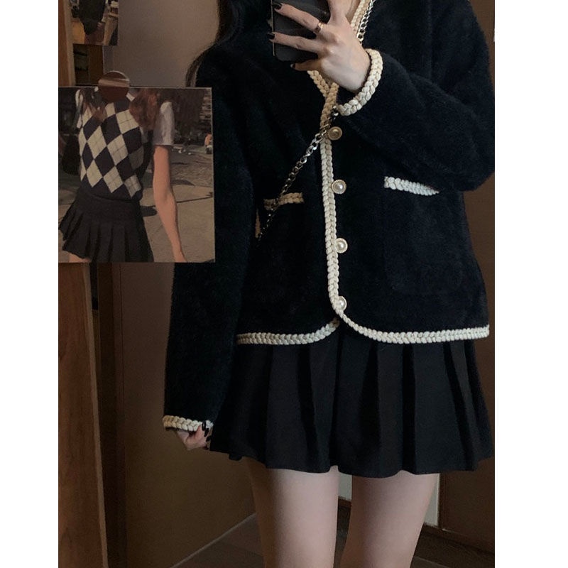 Set áo khoác cardigan tay dài màu sắc tương phản và chân váy xếp ly phong cách phương tây cho nữ (có bán lẻ)