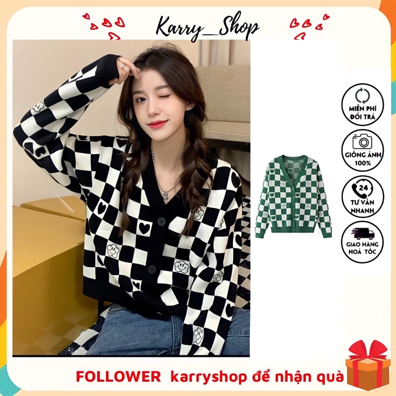 Áo khoác Cardigan kẻ caro ô vuông 2 màu chất len dày dặn Karry dáng ôm hoạ tiết phong cách Hàn Quốc