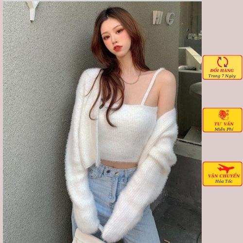 Set áo cardigan len nữ lông thỏ kèm áo 2 dây ulzzang Hàn Quốc mùa thu đông