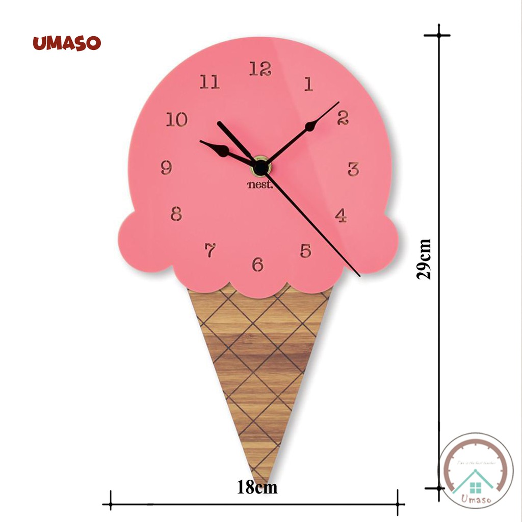 Đồng hồ treo tường trang trí cute dễ thương hình cây kem UMASO [Tặng kèm móc treo và Pin]