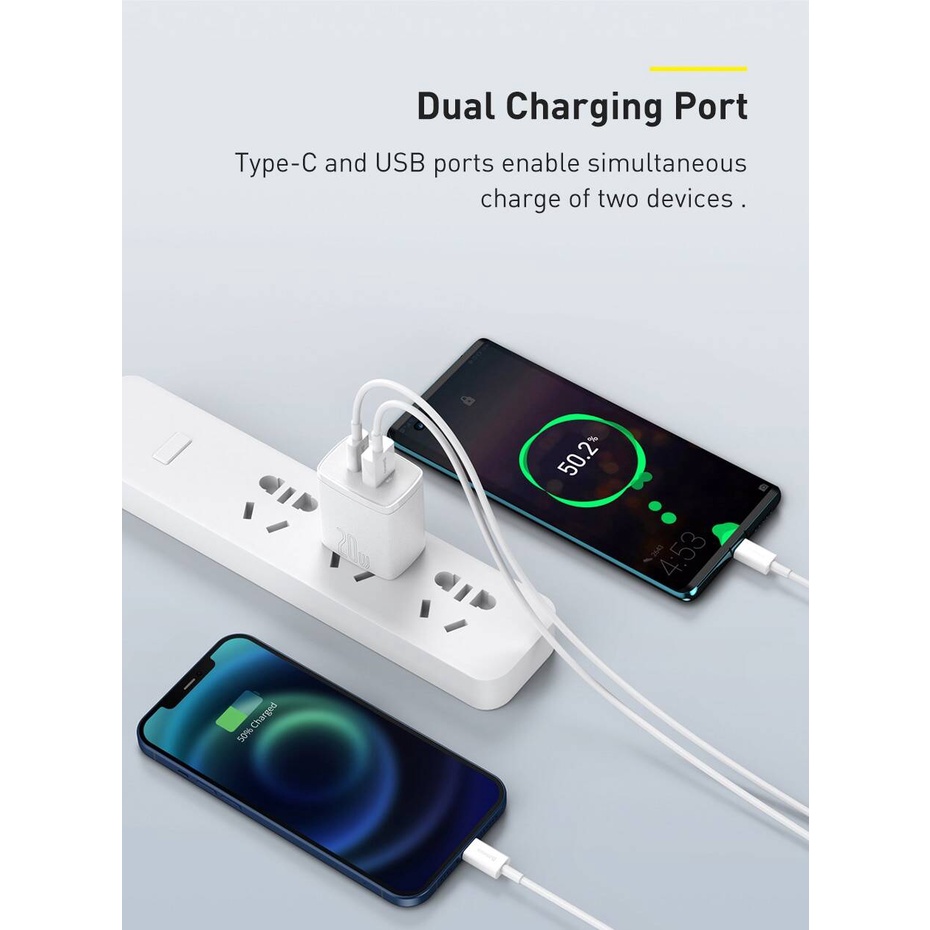 Củ Sạc Nhanh PD 20W, QC3.0 - Baseus 2 Cổng Type-C + USB - Cốc Sạc Nhanh Cao Cấp Cho iP13 12 11 XSMAX 8Plus 8