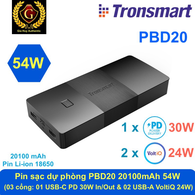 Pin sạc dự phòng MacBook Air, iPad Pro, iPhone 13 Series TRONSMART PBD20 Brio 20100mAh 54W (1C PD 30W &amp; 2A VoltIQ 12W)