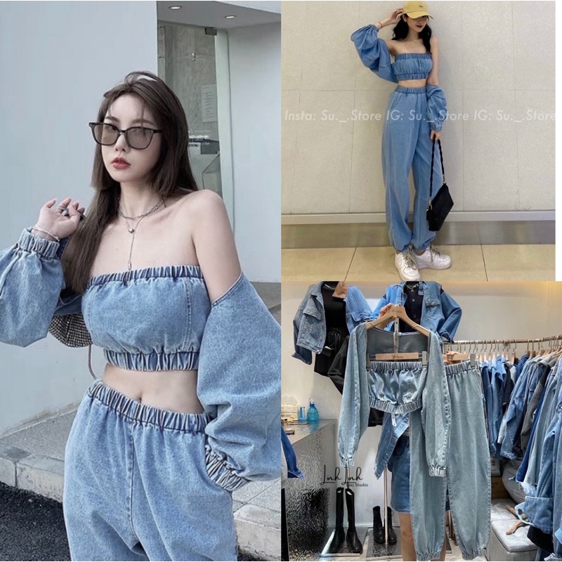 SET DENIM 3CT ÁO QUÂY MIX QUẦN BOM+KHOÁC LỬNG SIÊU CHẤT