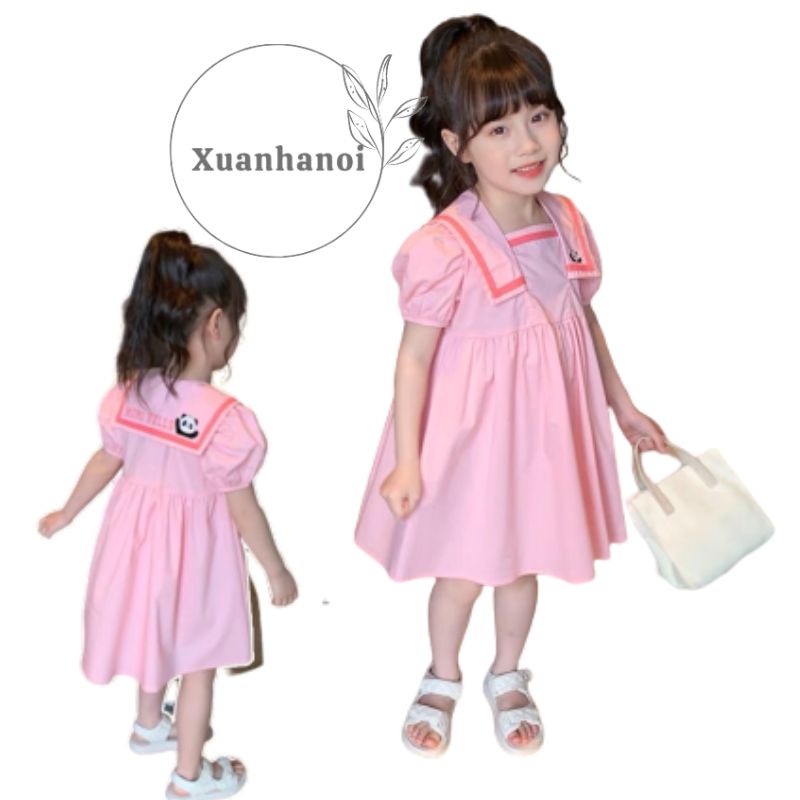 Xả hàng_Váy bé gái mầu hồng cổ vuông gấu trúc XHN983