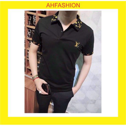 Áo thun nam đẹp tay ngắn polo có cổ giá rẻ 2 màu thêu lv cao cấp AHFASHION