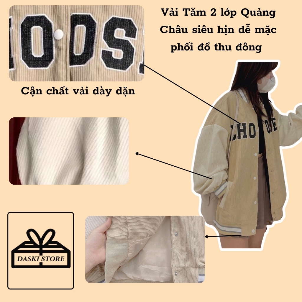 Áo khoác Bomber Nam Nữ - Áo Khoác Nhung Tăm thêu chữ CHOOSE 2 lớp Daski | BigBuy360 - bigbuy360.vn