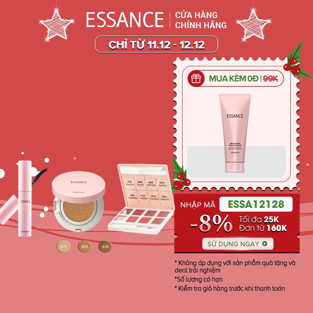 Bộ Phấn nước mịn lì mờ khuyết điểm SPF50+ PA+++ 15g, Bảng son lỳ 8 màu và Mascara dày và cong mi  Essance