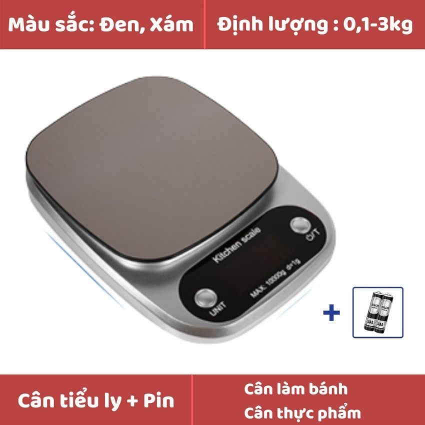 Cân Tiểu Ly Điện Tử Nhà Bếp Kitchen Định Lượng 0,1-5kg Làm Bánh Cân Cao Cấp Tặng Kèm 2 Viên Pin AA