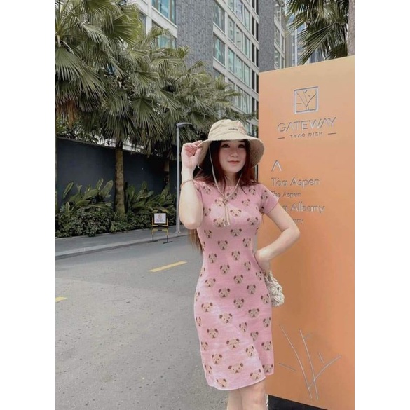 Váy len nữ body gấu hồng chất len tăm co giãn form ôm siêu đẹp