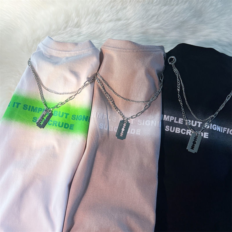 Áo Thun Cotton Ngắn Tay Dáng Rộng In Chữ Phối Dây Xích Kiểu Đường Phố Âu Mỹ Cá Tính Cho Nam Và Nữ