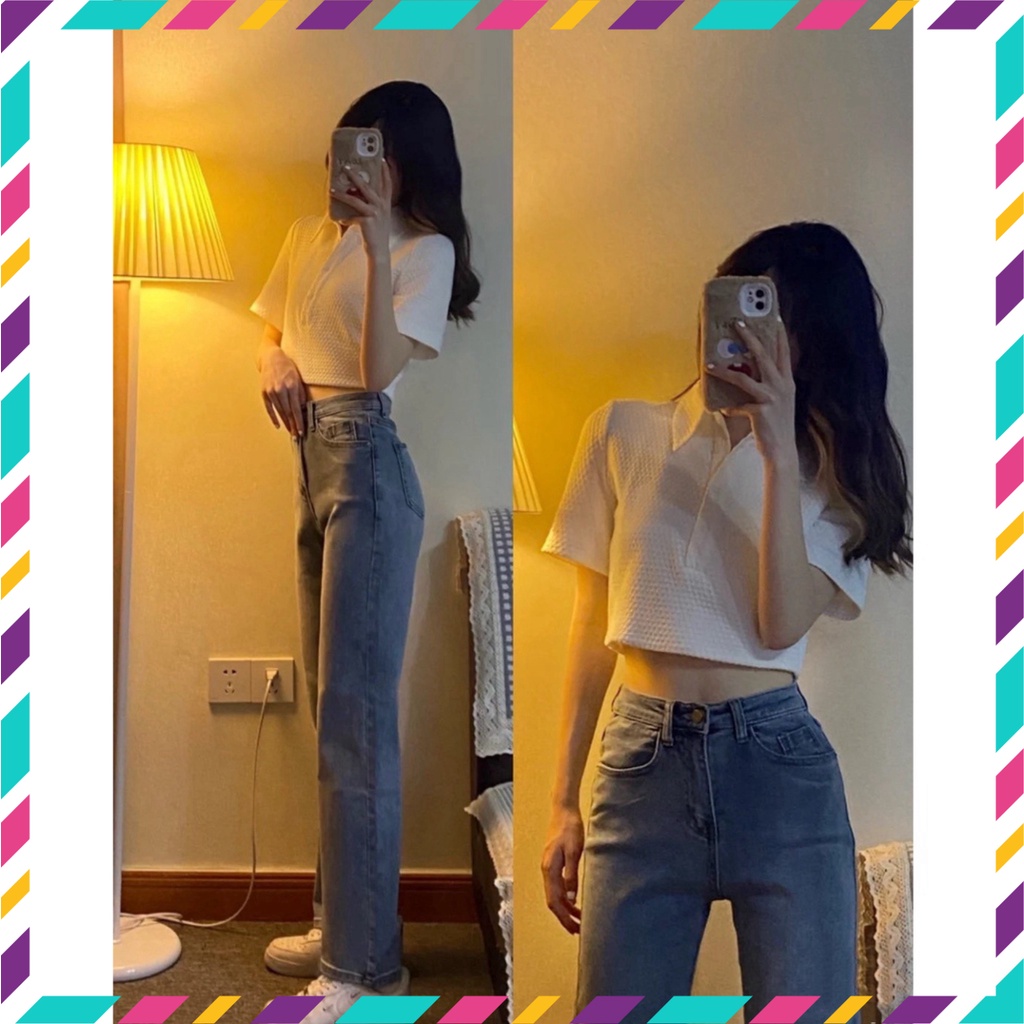 Quần jeans ống suông , Quần jeans ống rộng cạp cao eo chéo màu xanh đậm chất đẹp MS 08