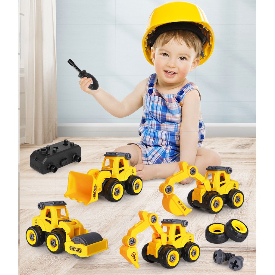 SET 4 mô hình oto công trình xây dựng, cần cẩu, máy xúc/ Đồ chơi thông minh thoả sức sáng tạo cho be