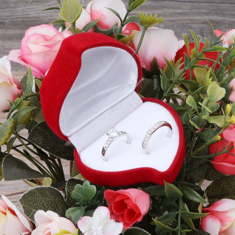 KING Double Wedding Rings Box Velvet Heart Shape Red Rose Flower Box Jewelry Display