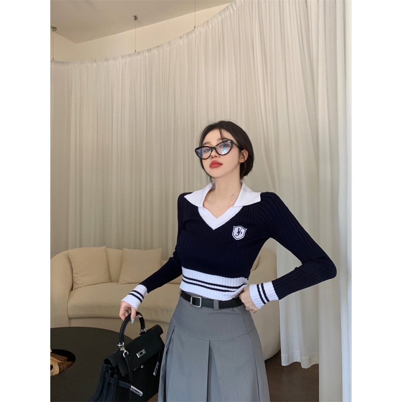 HUANG YOYO Áo sweater Dệt Kim Tay Dài Cổ Chữ v Thời Trang Mùa Thu Phong Cách Hàn Quốc Dành Cho Nữ croptop