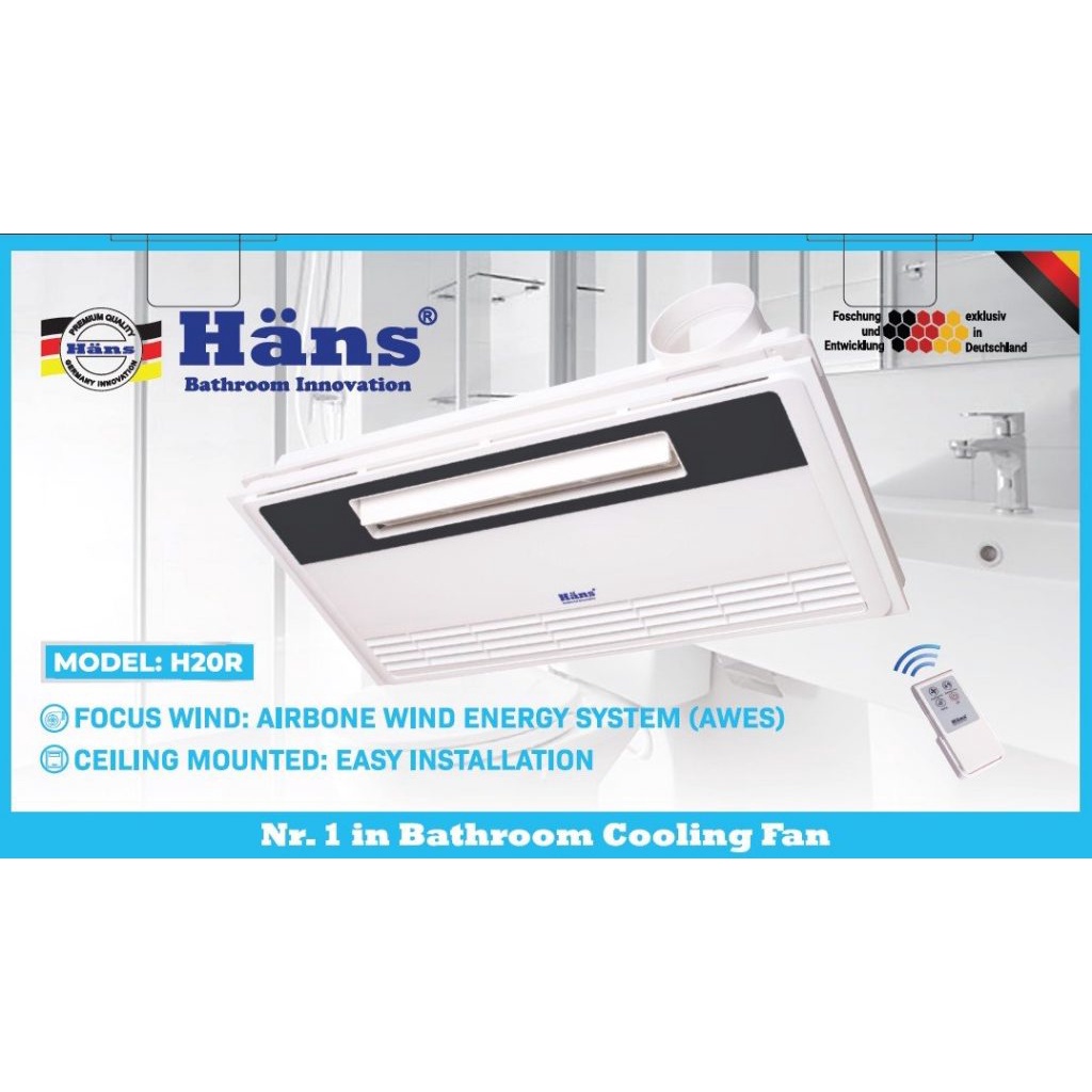 Quạt mát nhà vệ sinh có hút mùi và điều khiển từ xa Hans H20 H10R - Lắp âm trần kích thước 60 x 30 cm
