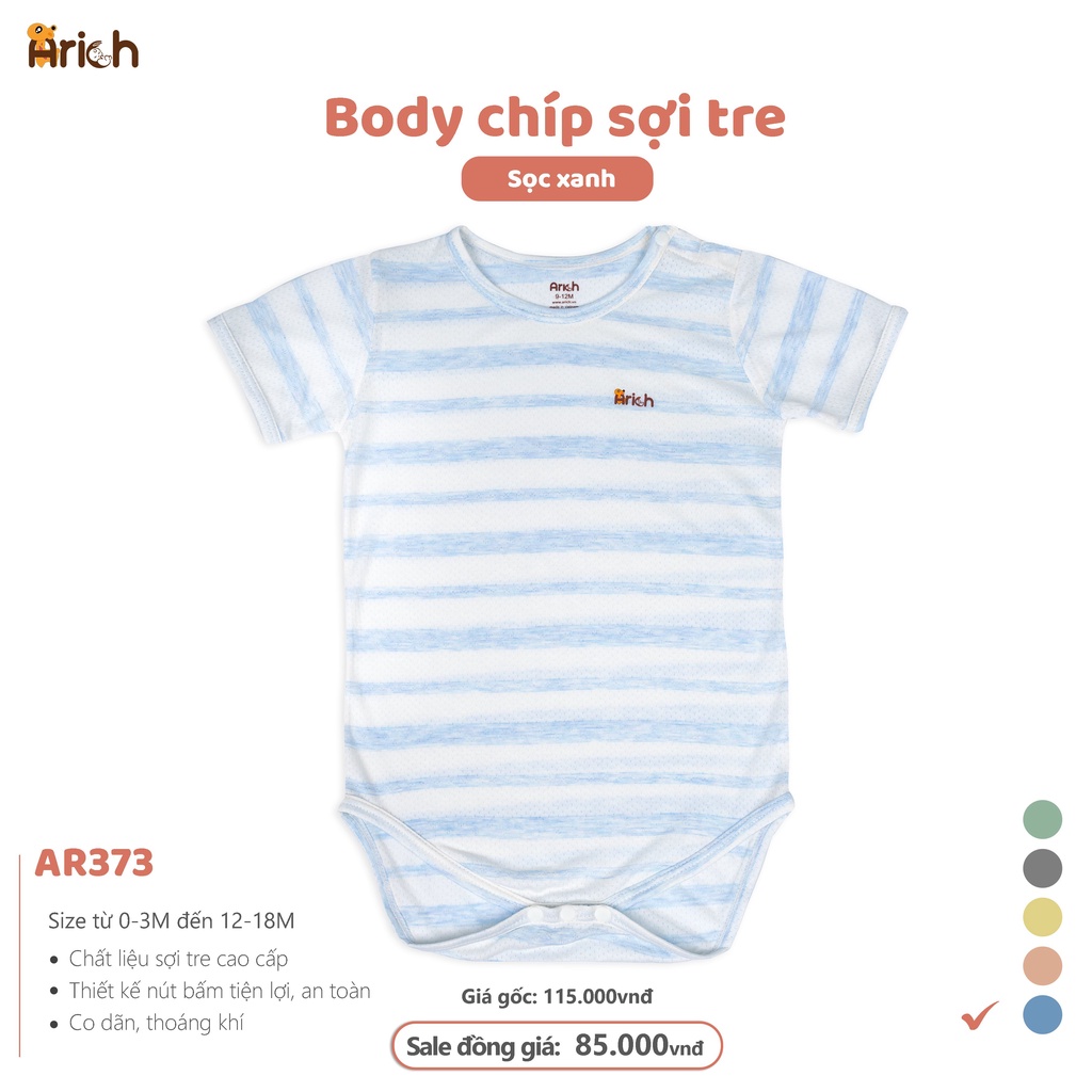 Bộ body chíp cộc tay vải sợi tre phối sọc Arich, sơ sinh  đến 18 tháng