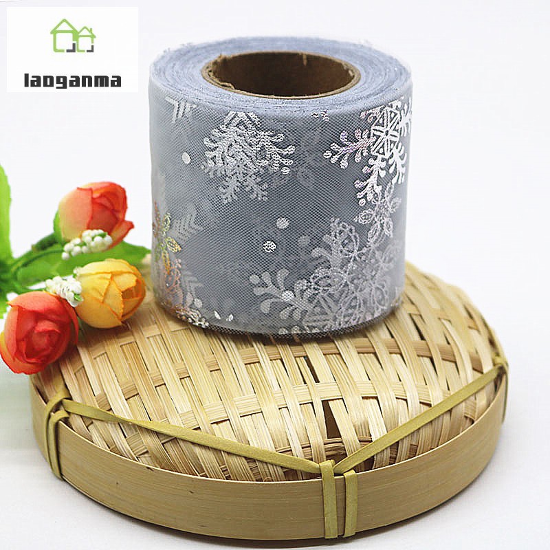 Cuộn Dây Ruy Băng Lưới 6cm 25 Yard Họa Tiết Bông Tuyết Lấp Lánh Làm Đồ Thủ Công Diy