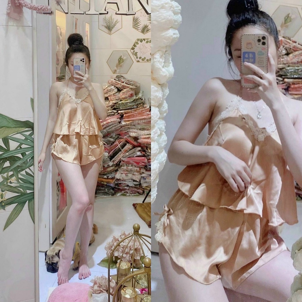 Set đồ ngủ 2 dây phối ren vàng vải satin lụa mềm mại , thoáng mát , họa tiết trơn nhiều màu freesize dưới 57kg.