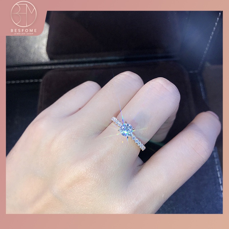 BESFOME Thời trang Nhẫn đính hôn pha lê sang trọng cho phụ nữ Nhẫn bạc Zircon 925 2022 Trang sức cưới xu hướng nữ