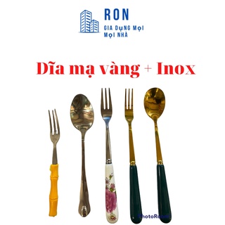 Thìa Dĩa Inox Mạ Vàng Cán Sứ Xanh Cán Sứ Hoa Cao Cấp Sang Trọng