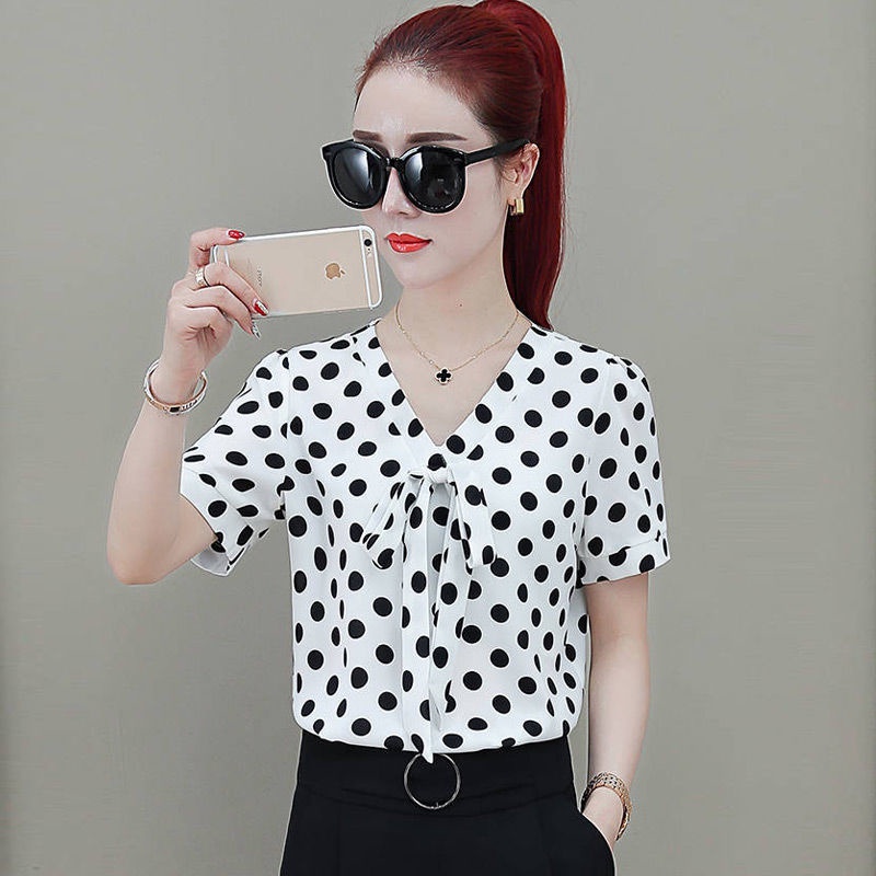 Áo Sơ Mi chiffon Ngắn Tay Cổ Chữ v Họa Tiết Chấm Bi Thời Trang Hàn Quốc Cho Nữ