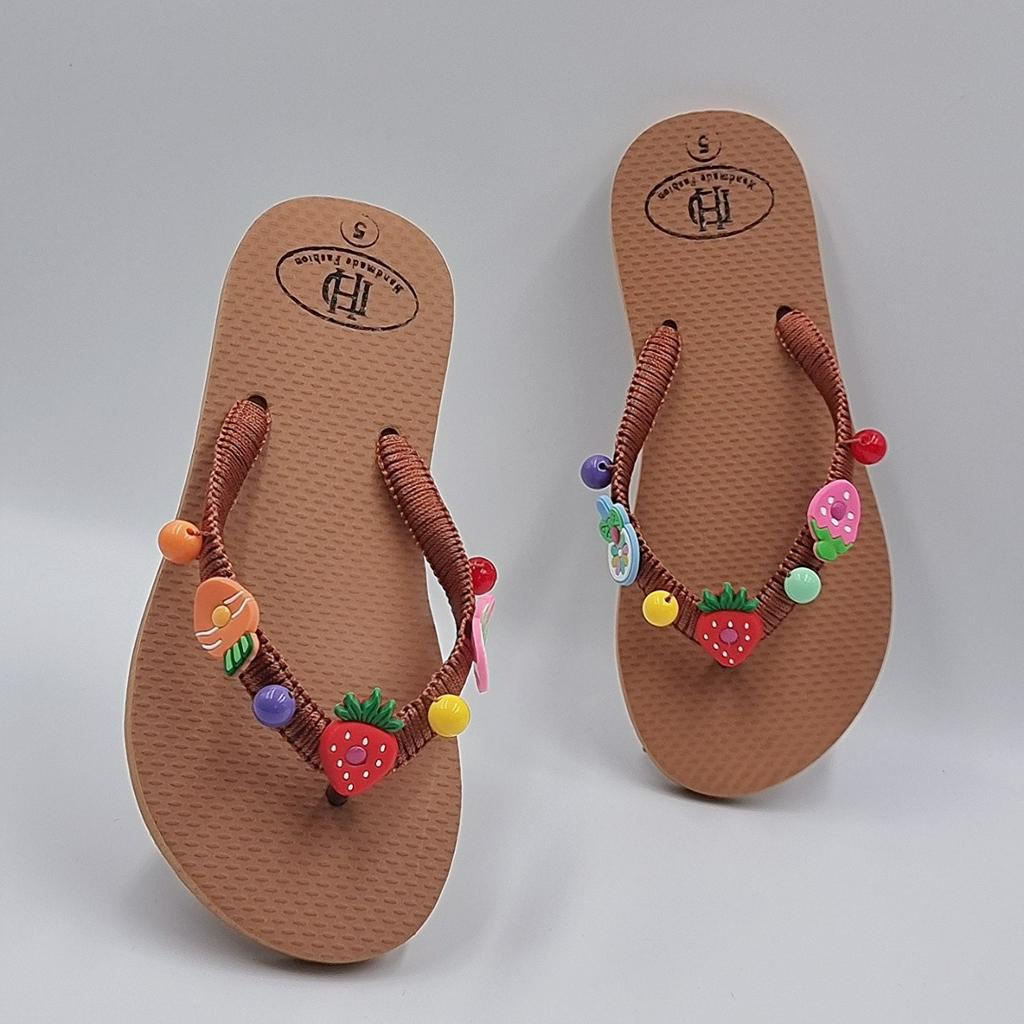 Dép Kẹp Nữ Xỏ Ngón Handmade Cao Cấp HD Đính Sticker Trái Cây Dẻo Đế Cao Su Non Đi Biển Êm Mềm