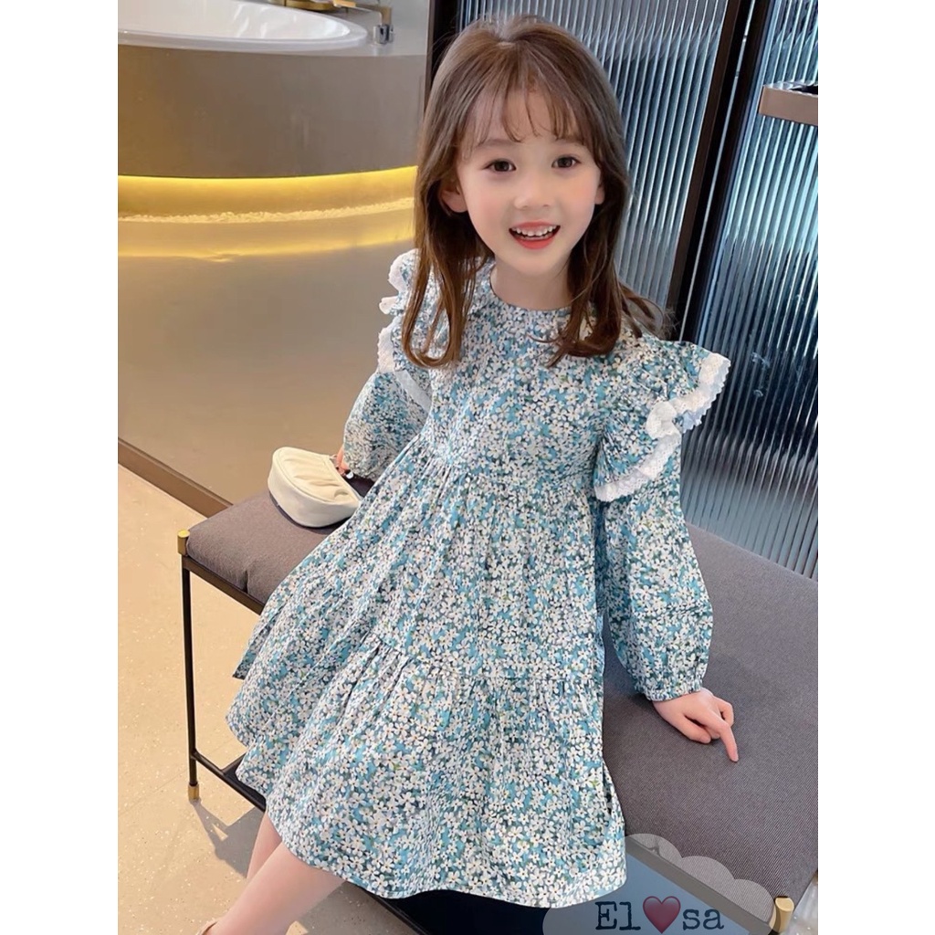 Váy bé gái dài tay tay cánh tiên ren hoa nhí xanh 8-30kg XHN1075
