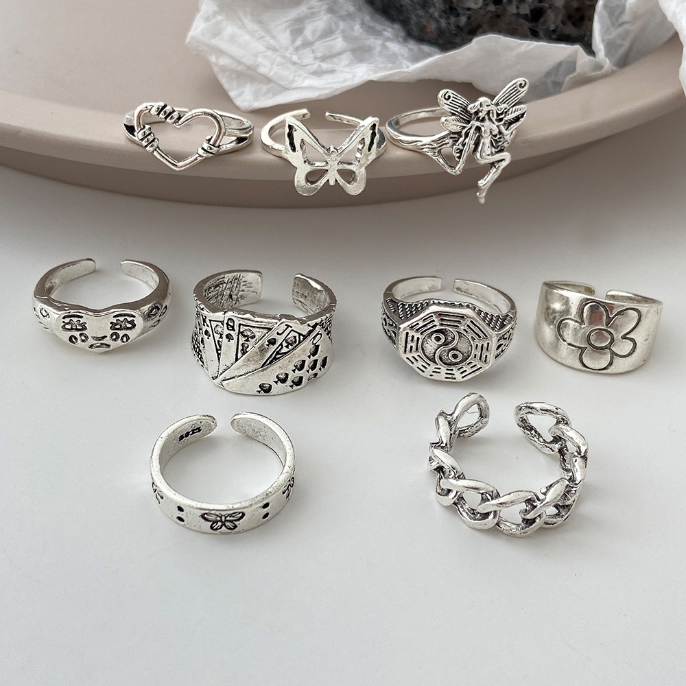 Set 9 Nhẫn Đeo Ngón Tay Kim Loại Đính Đá Phong Cách Retro Cho Nữ