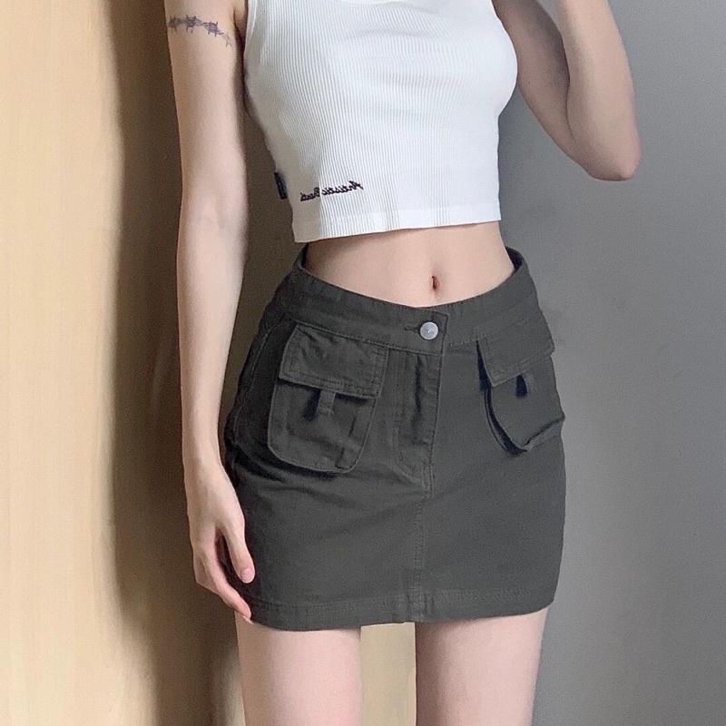 Chân Váy Denim Phối Túi Hộp Dáng Ôm Phong Cách Ullzang