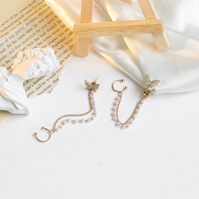 Bông tai hình bướm đính đá phối chuỗi ngọc trai giả phong cách dễ thương cho nữ